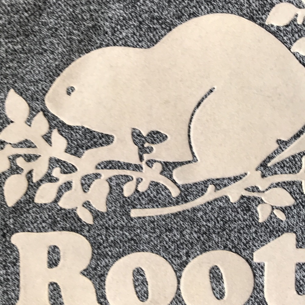 2/$75 Roots unisex grey marled classic hoodie w beaver logo polyester/cotton EUC - Picture 3 of 6